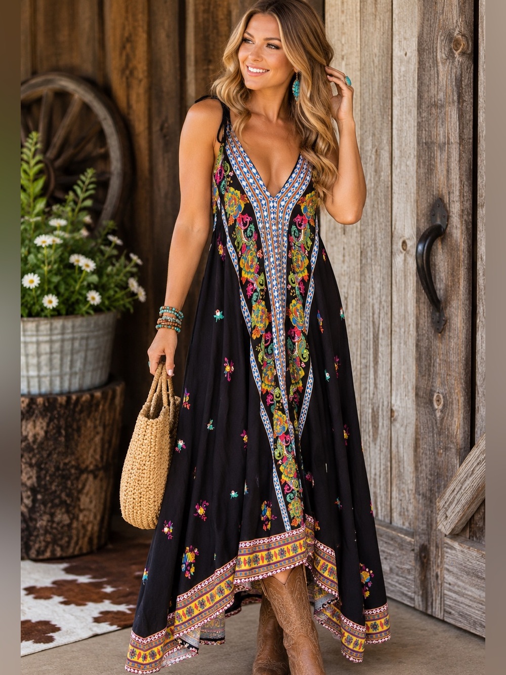 Flying Tomato Maxi Dress Deep V Neck Handkerchief Hem Boho size Large